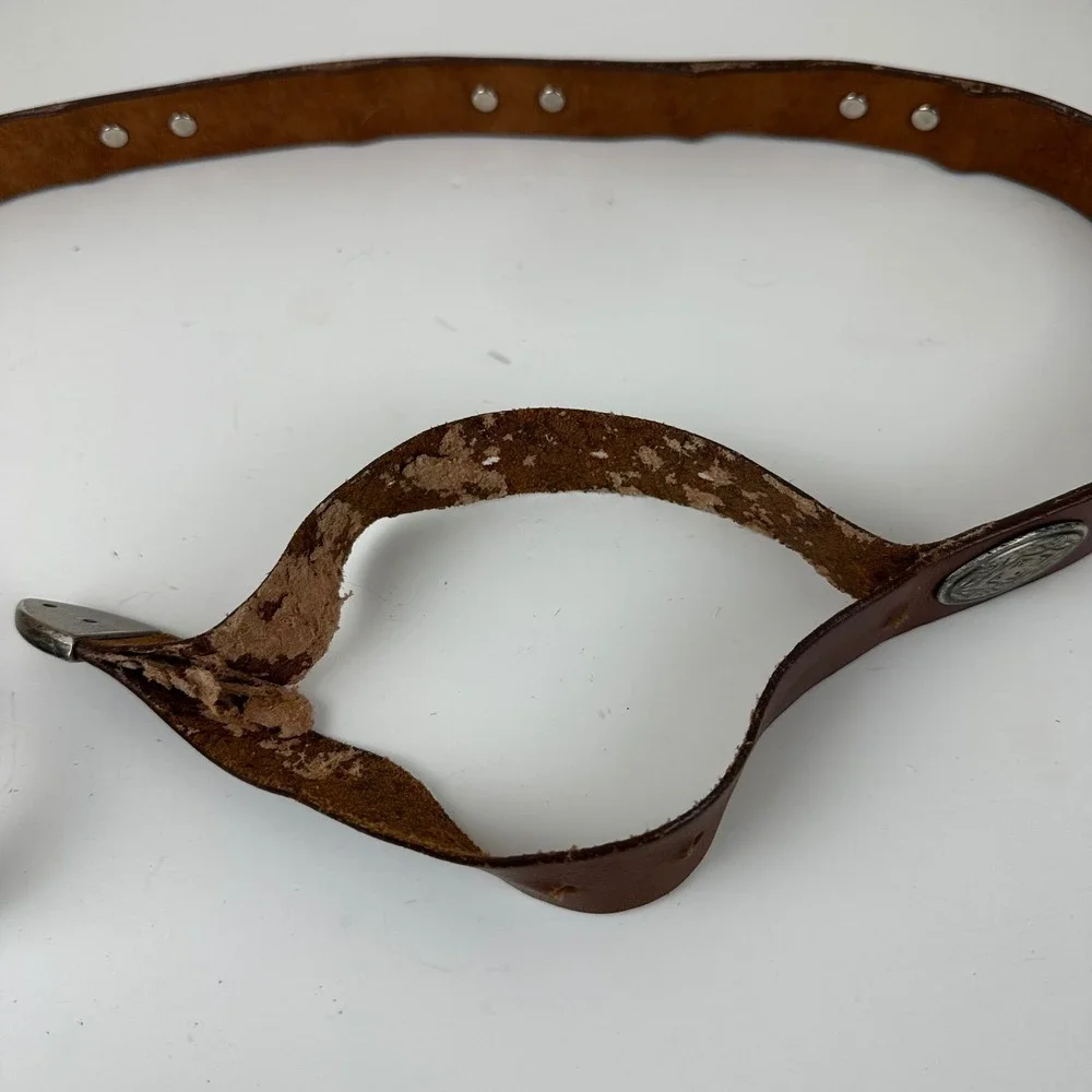 Vintage Western Brown Leather Concho Belt Silver Tone Engraved Buckle Size XL *